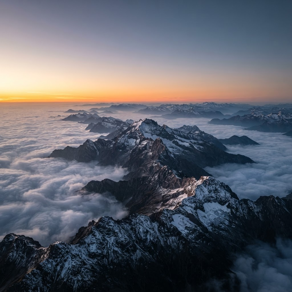 Snow-capped mountain peaks rising above a sea of clouds at dusk